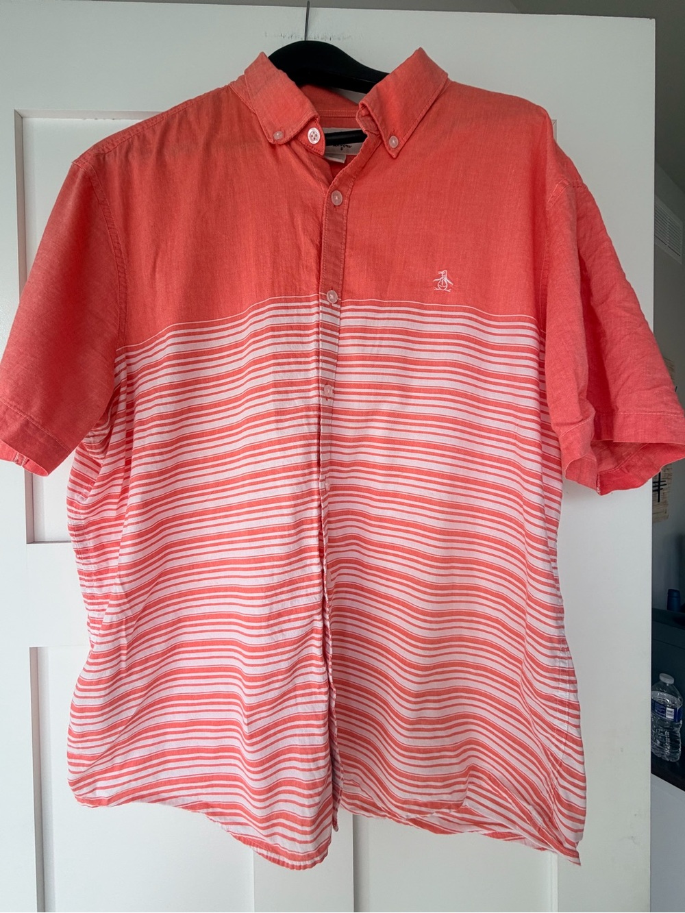 Original Penguin Coral and White Striped Short-Sleeve Button-Down